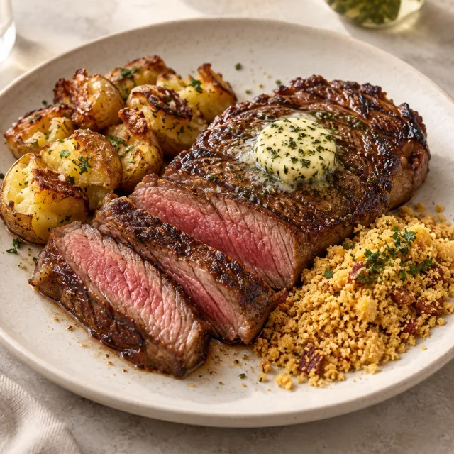 Corte de carne grelhado com legumes