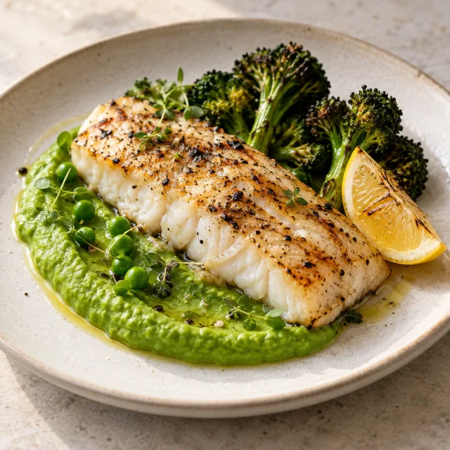 Peixe branco grelhado com purê de ervilhas, brócolis e limão