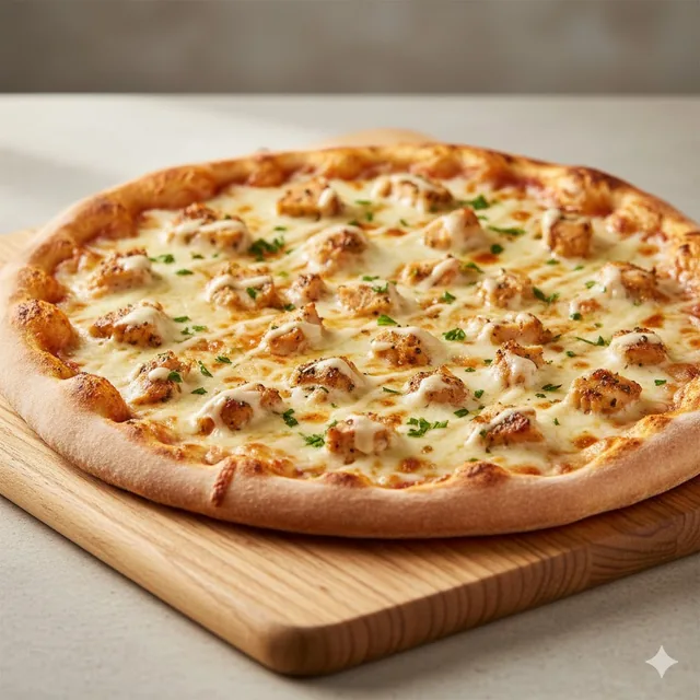 Pizza de frango em uma tábua de madeira