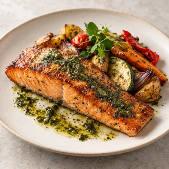 Salmão grelhado servido com legumes
