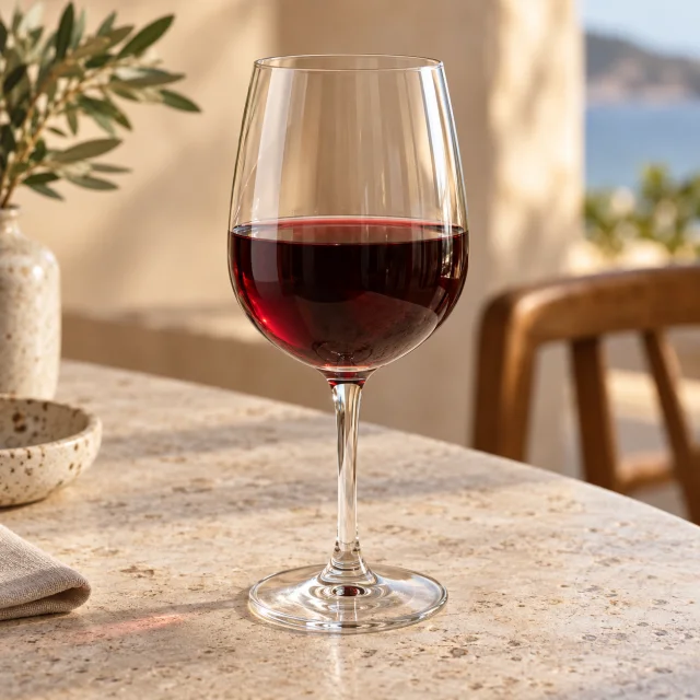 Taça com vinho tinto em uma mesa clara